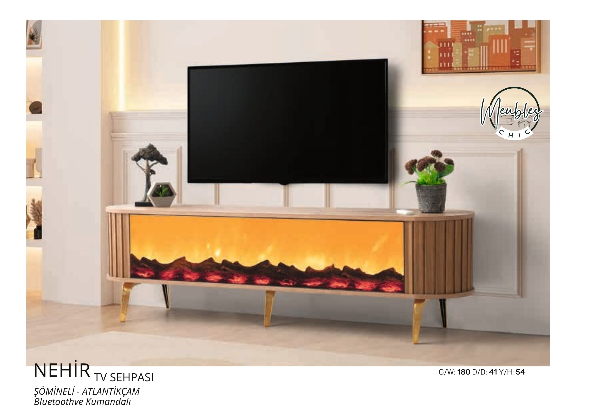 NEHİR TV SEHPASI ŞÖMİNELİ – ATLANTİKÇAM Bluetoothve Kumandalı