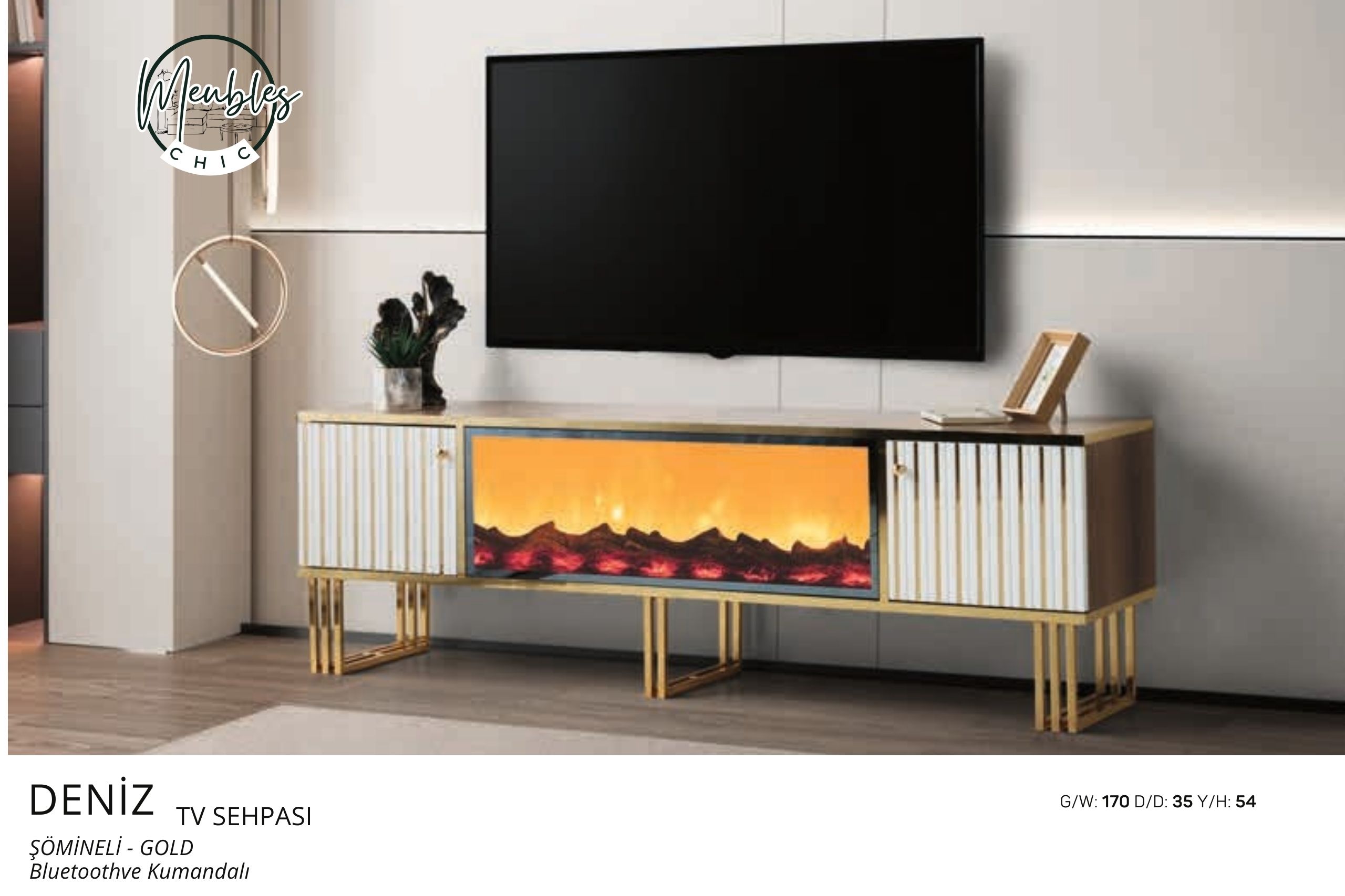 DENİZ TV SEHPASI ŞÖMİNELİ – GOLD Bluetoothve Kumandalı