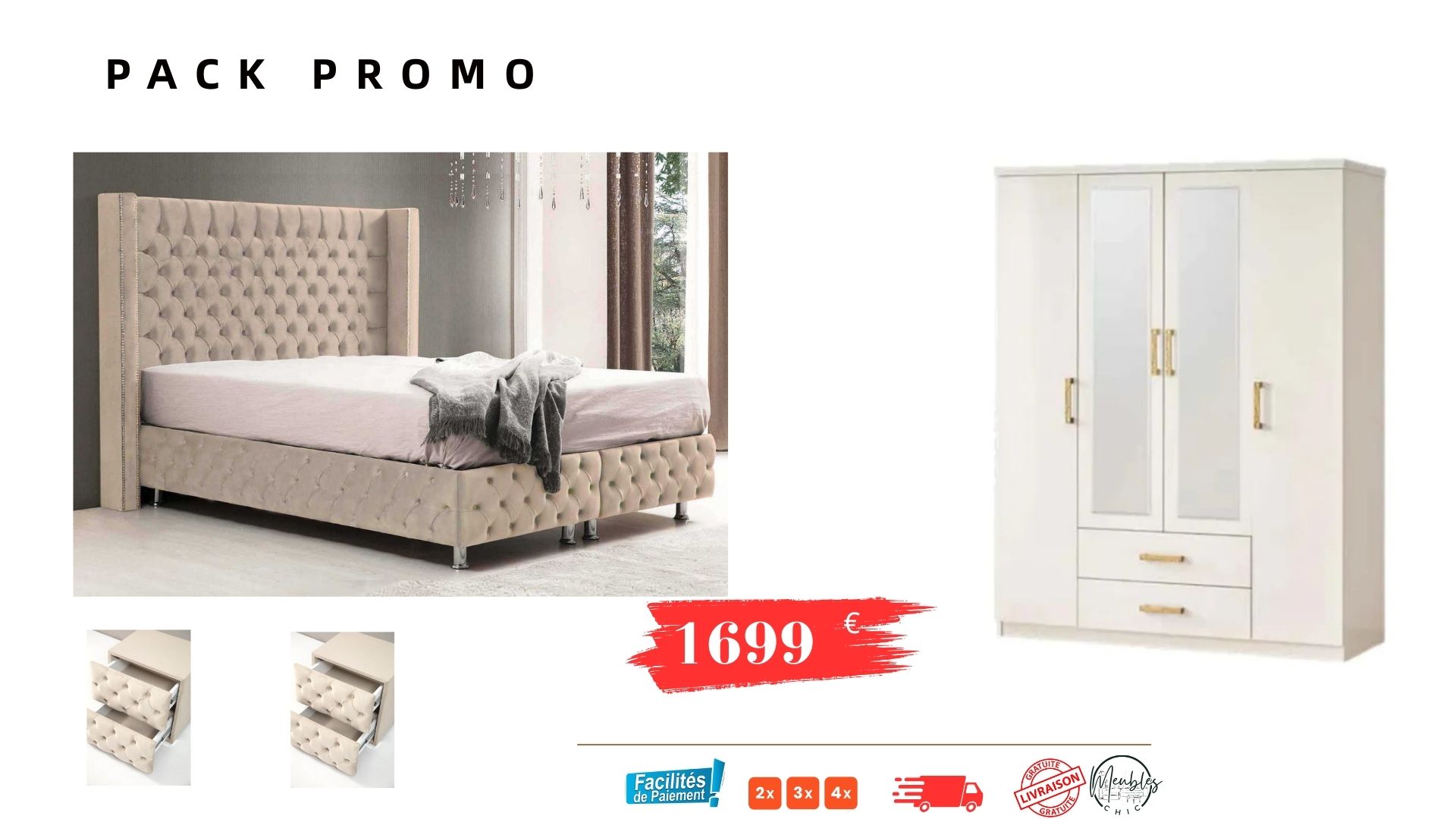 lit coffre et chevets et armoire