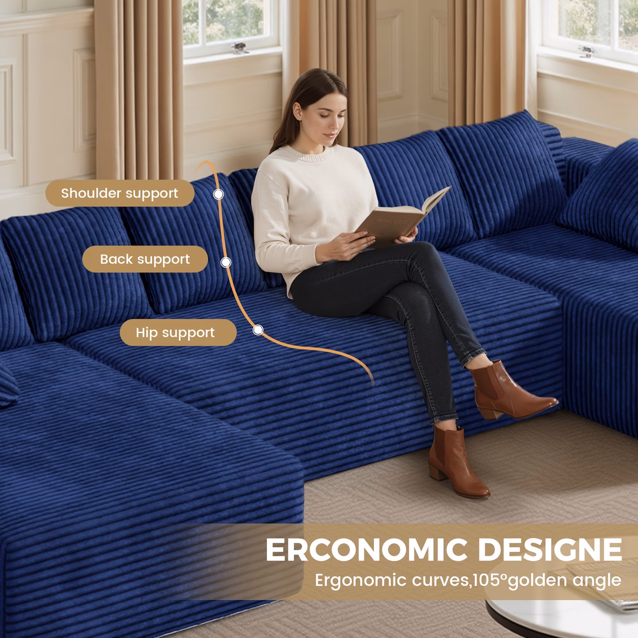 Canapé d’angle nuage surdimensionné en forme de U de 3,33 mètres pour salon, canapé sectionnel sans armature confortable et moelleux en velours côtelé bleu, canapé modulaire en mousse à mémoire de forme pelucheuse avec double méridienne – 43,18 cm de haut