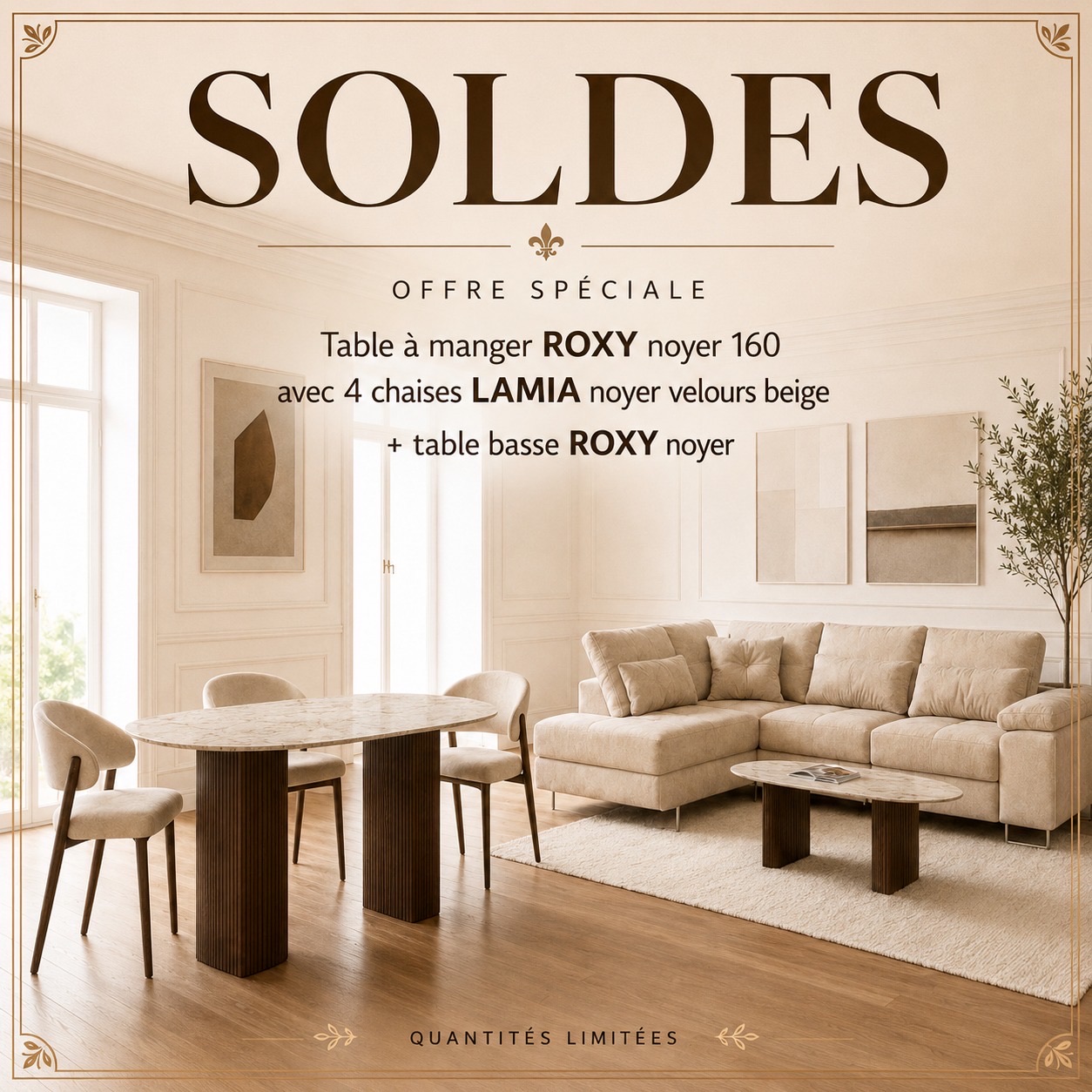 TABLE REPAS ROXY NOYER 160 + 4 LAMIA NOYER VELOURS BEIGE + TABLE BASSE ROXY NOYER