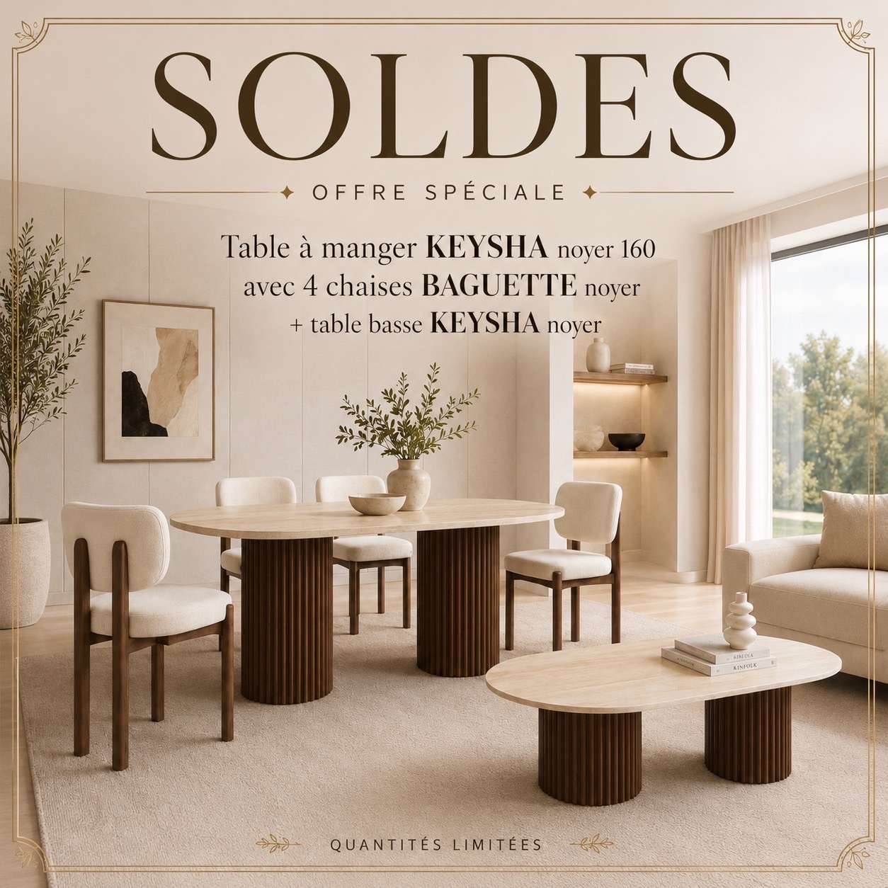TABLE REPAS KEYSHA NOYER TRAVERTIN 160 + 4 CHAISES BAGUETTE NOYER VELOURS BEIGE + TABLE BASSE KEYSHA