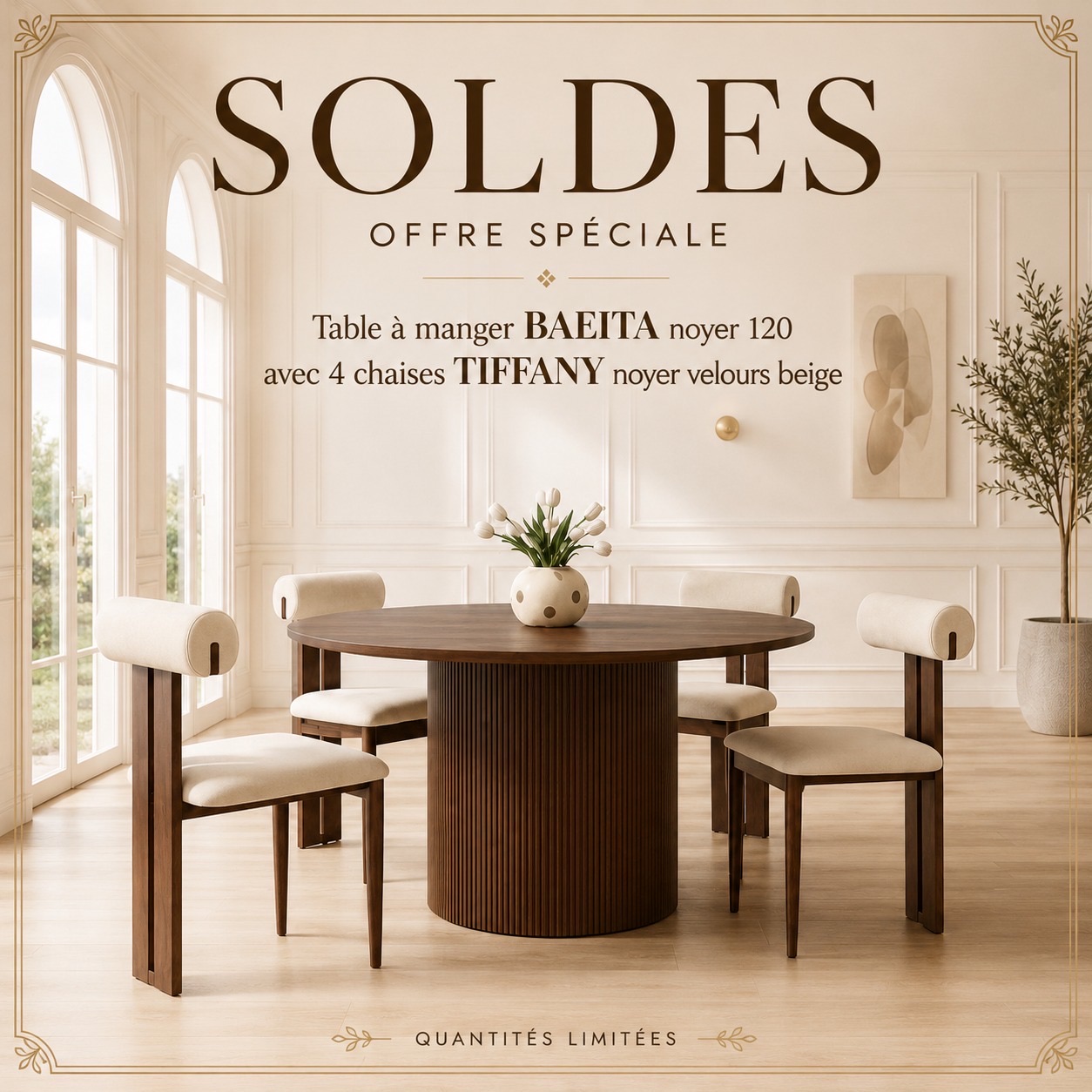 TABLE REPAS BAIETA NOYER 120 + 4 CHAISES TIFFANY NOYER VELOURS BEIGE