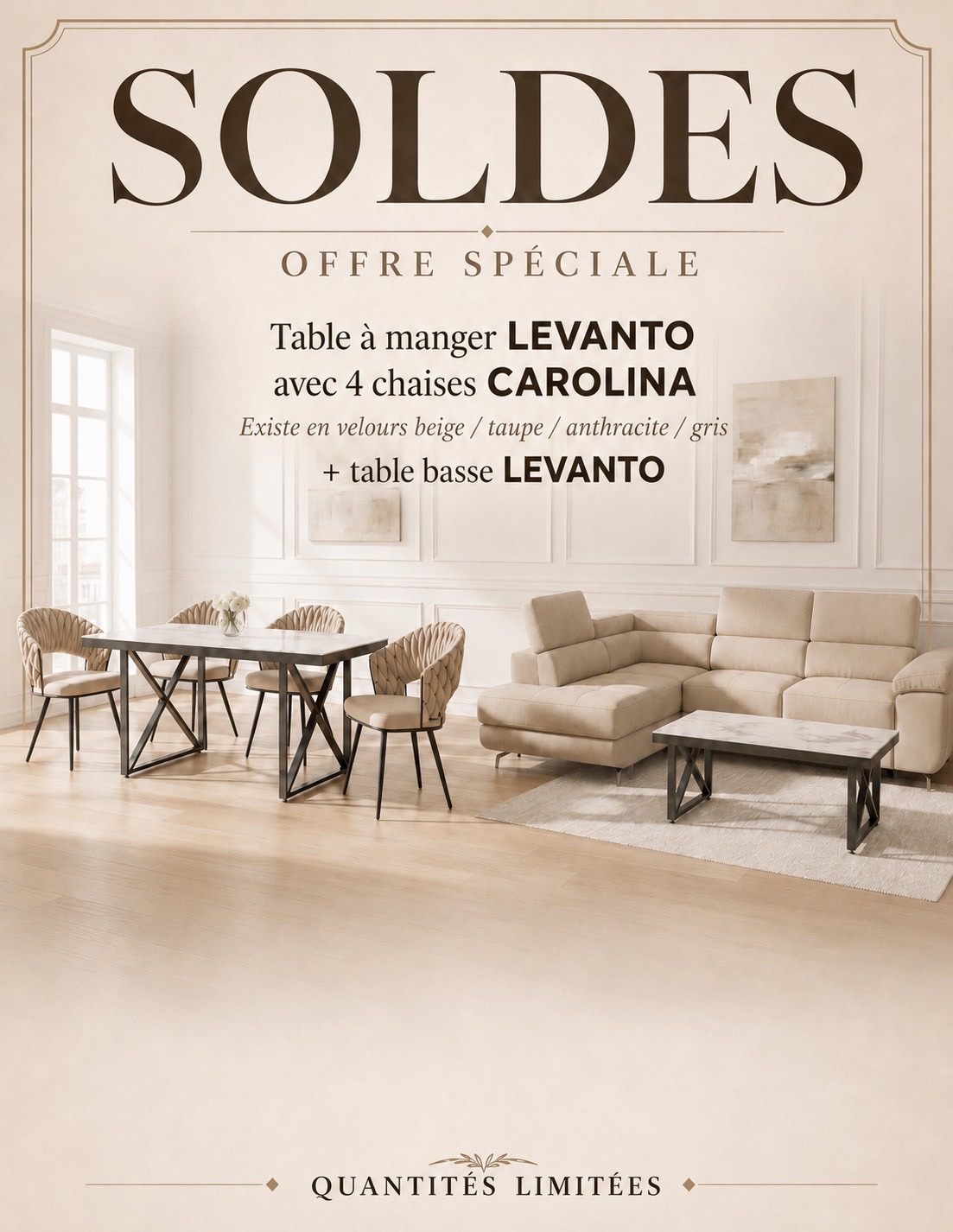 TABLE REPAS LEVANTO 180 + 4 CHAISES CAROLINA + TABLE BASSE LEVANTO