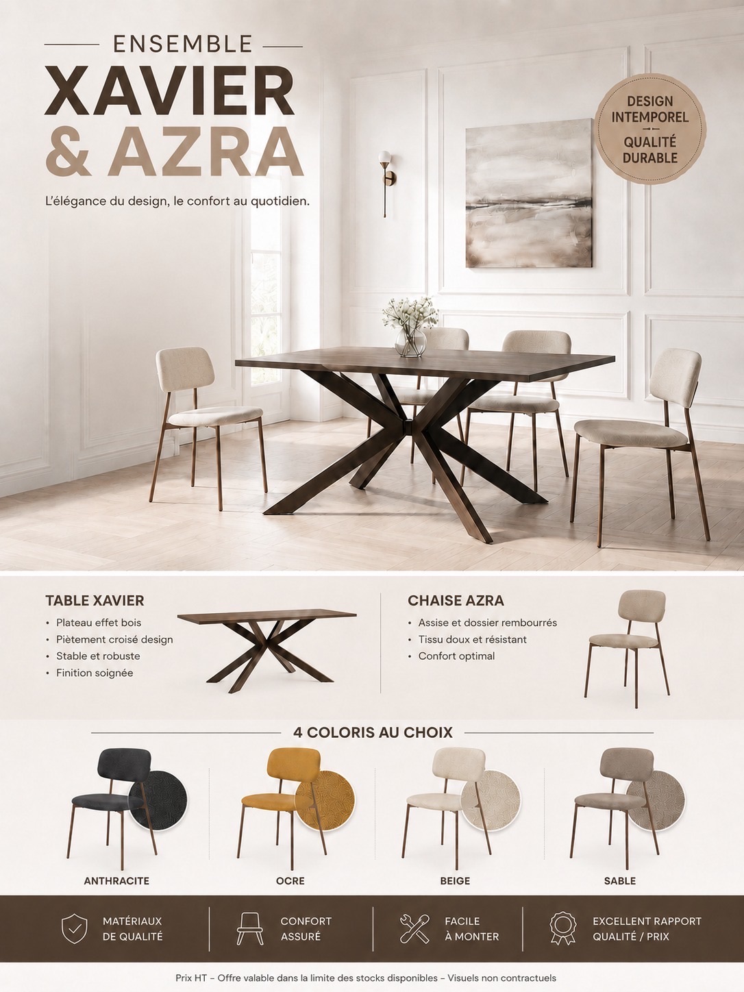 TABLE REPAS XAVIER 180 + 4 CHAISES AZRA